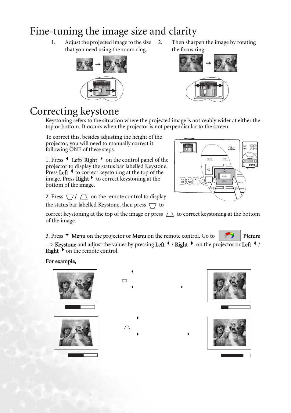 Fine-tuning the image size and clarity, Correcting keystone | BenQ MP620 User Manual | Page 34 / 61