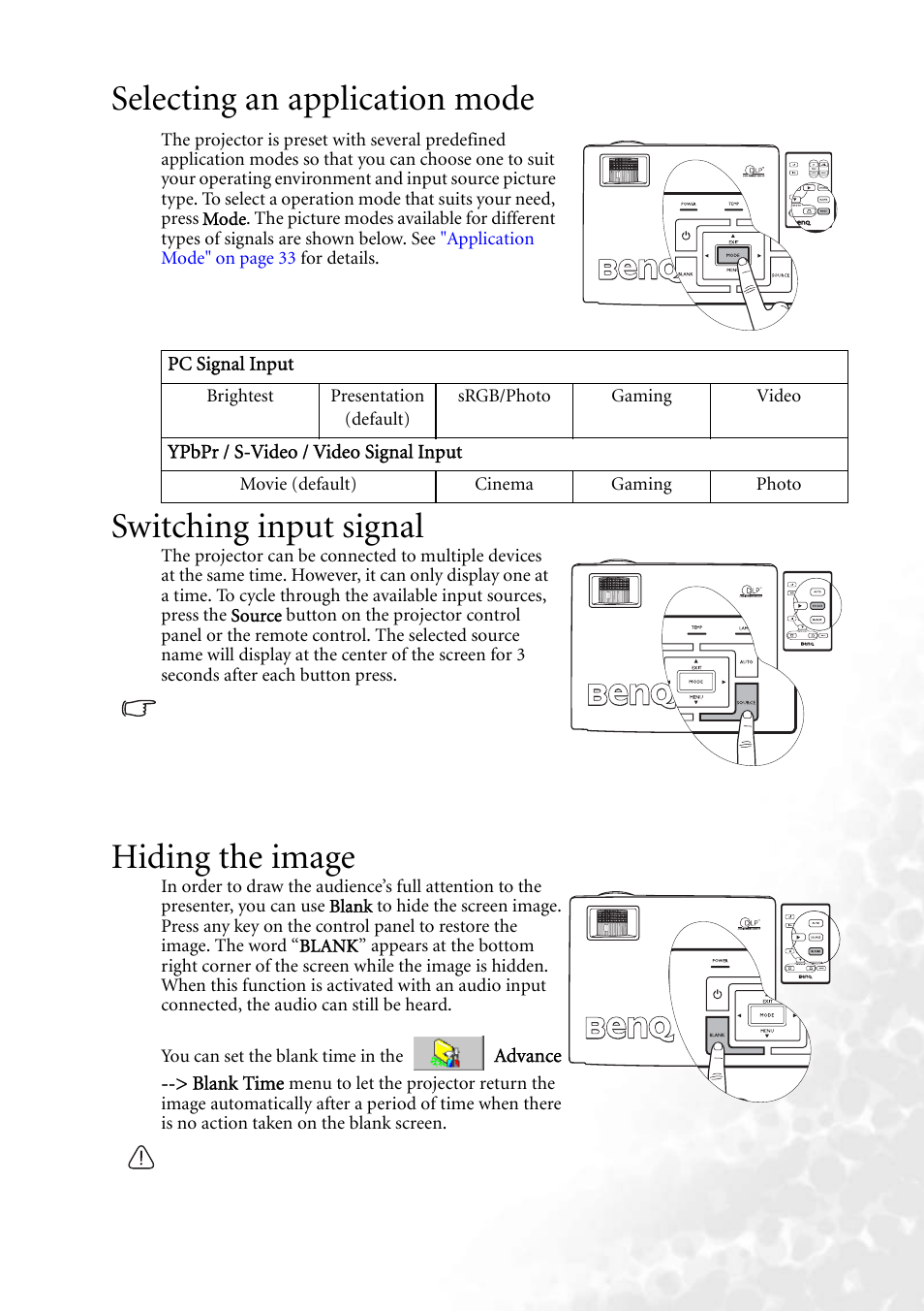 Selecting an application mode, Switching input signal, Hiding the image | BenQ MP620 User Manual | Page 35 / 61