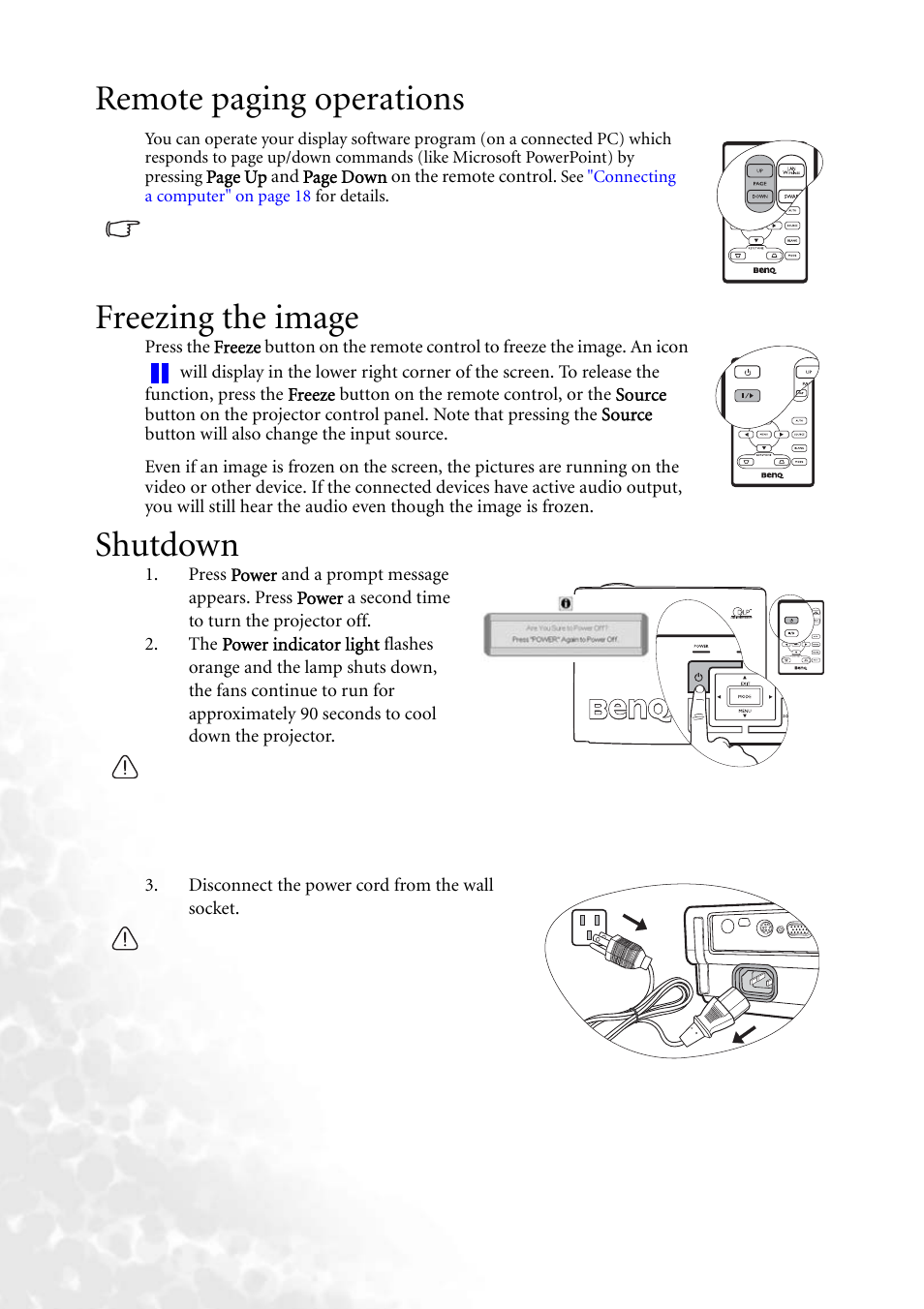 Remote paging operations, Freezing the image, Shutdown | Remote paging | BenQ MP620 User Manual | Page 36 / 61