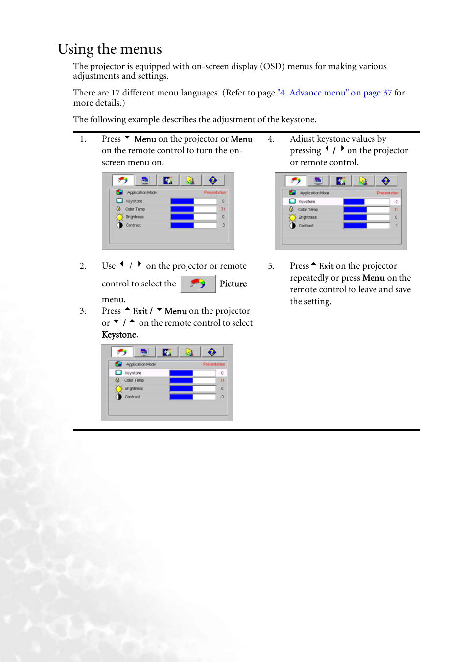 Using the menus, Efer to, Using the menus" on | BenQ MP620 User Manual | Page 38 / 61