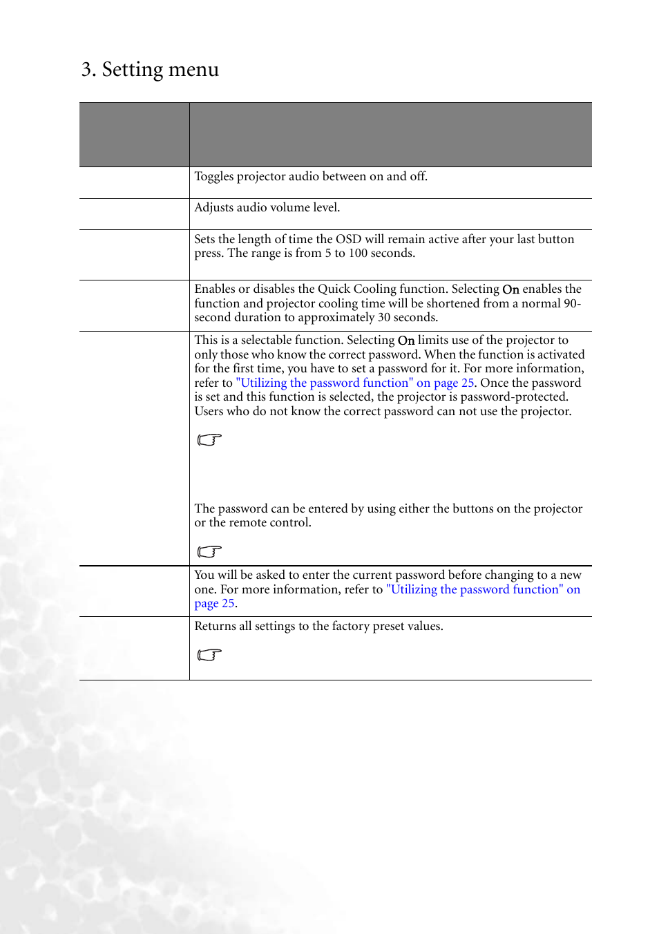 Setting menu | BenQ MP620 User Manual | Page 42 / 61