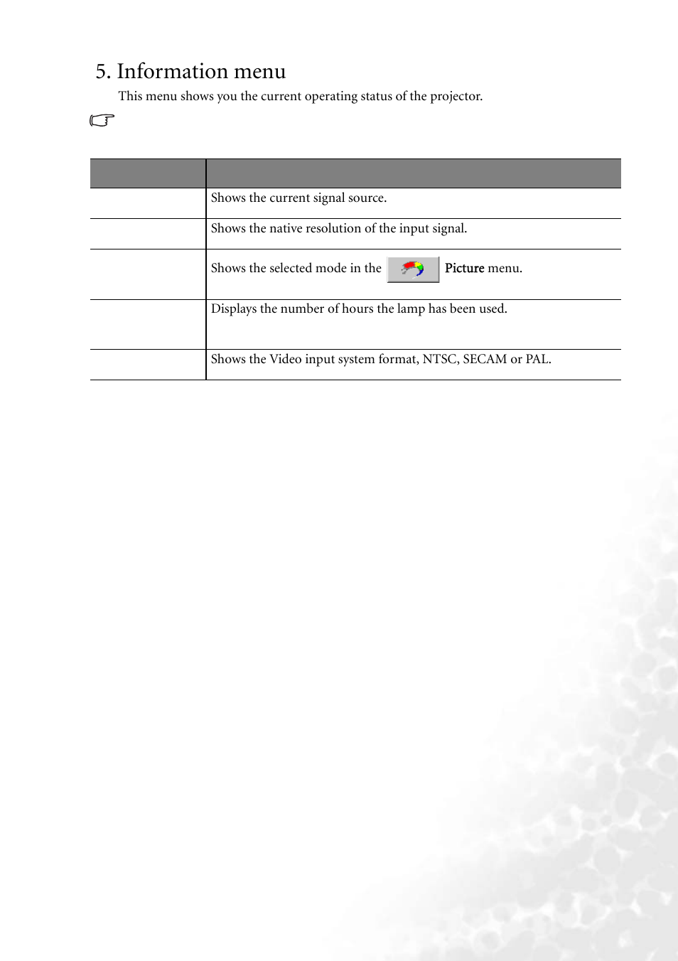 Information menu | BenQ MP620 User Manual | Page 45 / 61