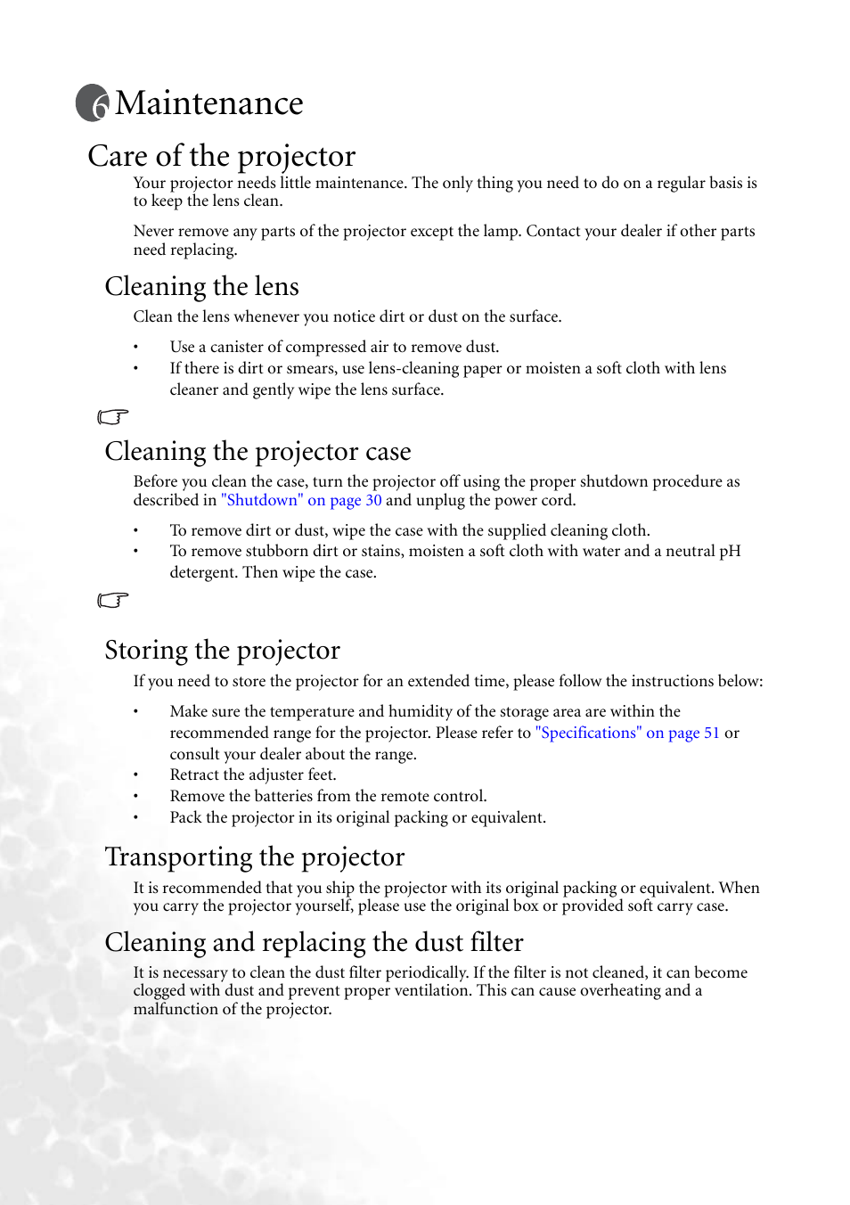 Maintenance, Care of the projector, Cleaning the lens | Cleaning the projector case, Storing the projector, Transporting the projector, Cleaning and replacing the dust filter | BenQ MP620 User Manual | Page 46 / 61