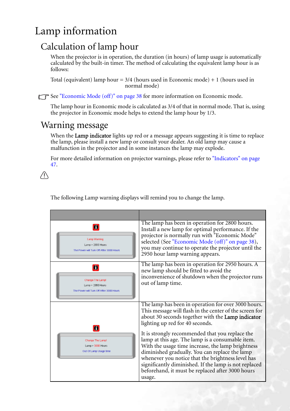 Lamp information, Calculation of lamp hour, Warning message | Calculation of lamp hour warning message | BenQ MP620 User Manual | Page 49 / 61