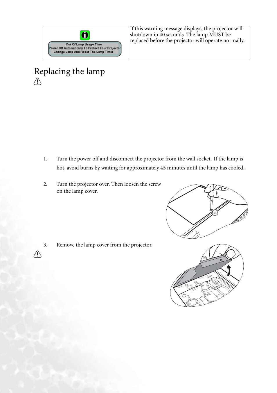 Replacing the lamp | BenQ MP620 User Manual | Page 50 / 61