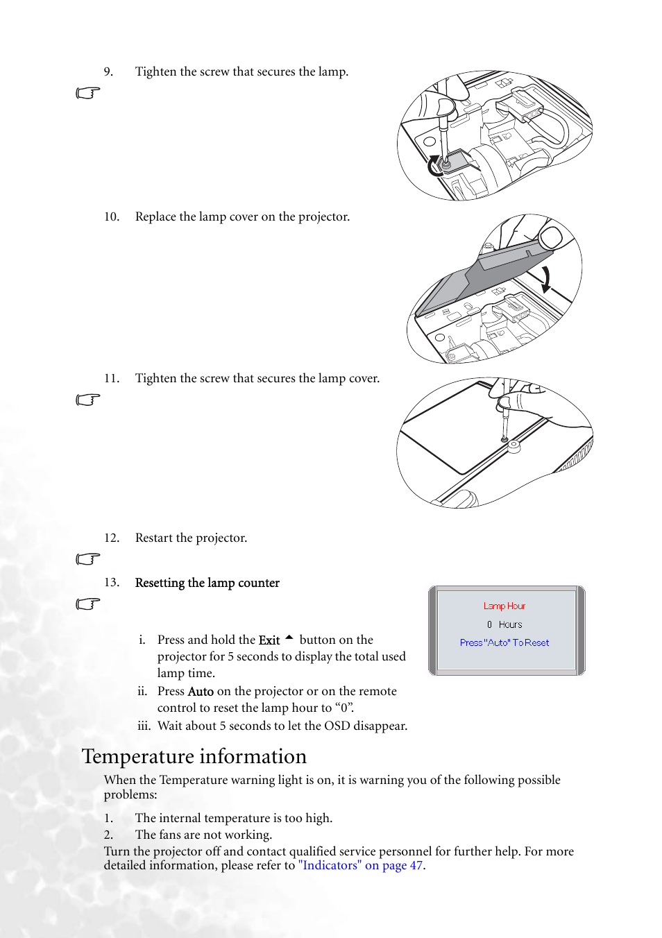 Temperature information | BenQ MP620 User Manual | Page 52 / 61