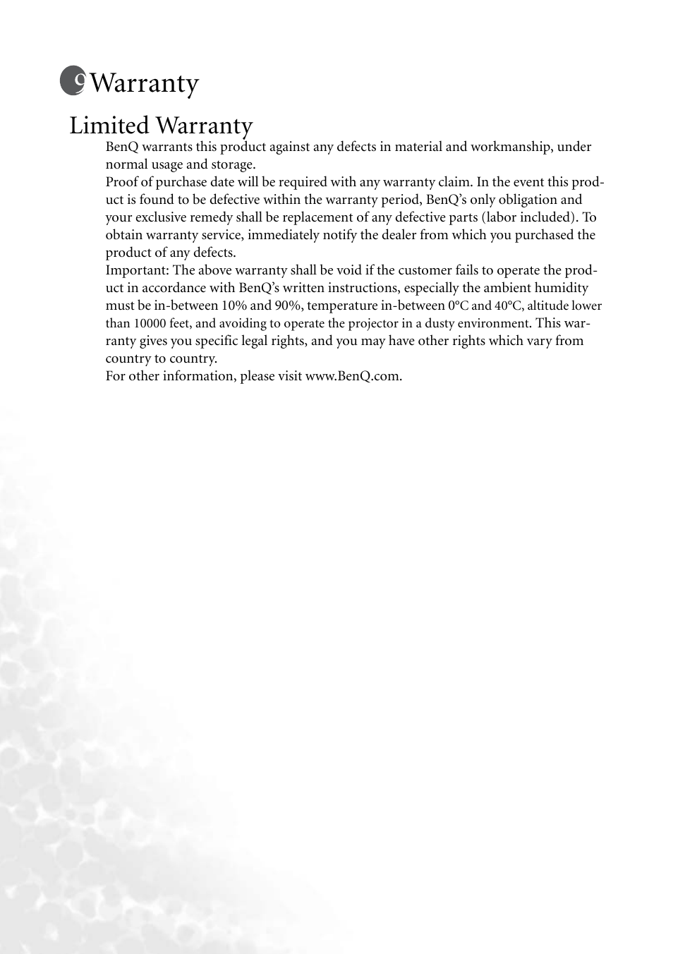 Warranty, Limited warranty | BenQ MP620 User Manual | Page 60 / 61