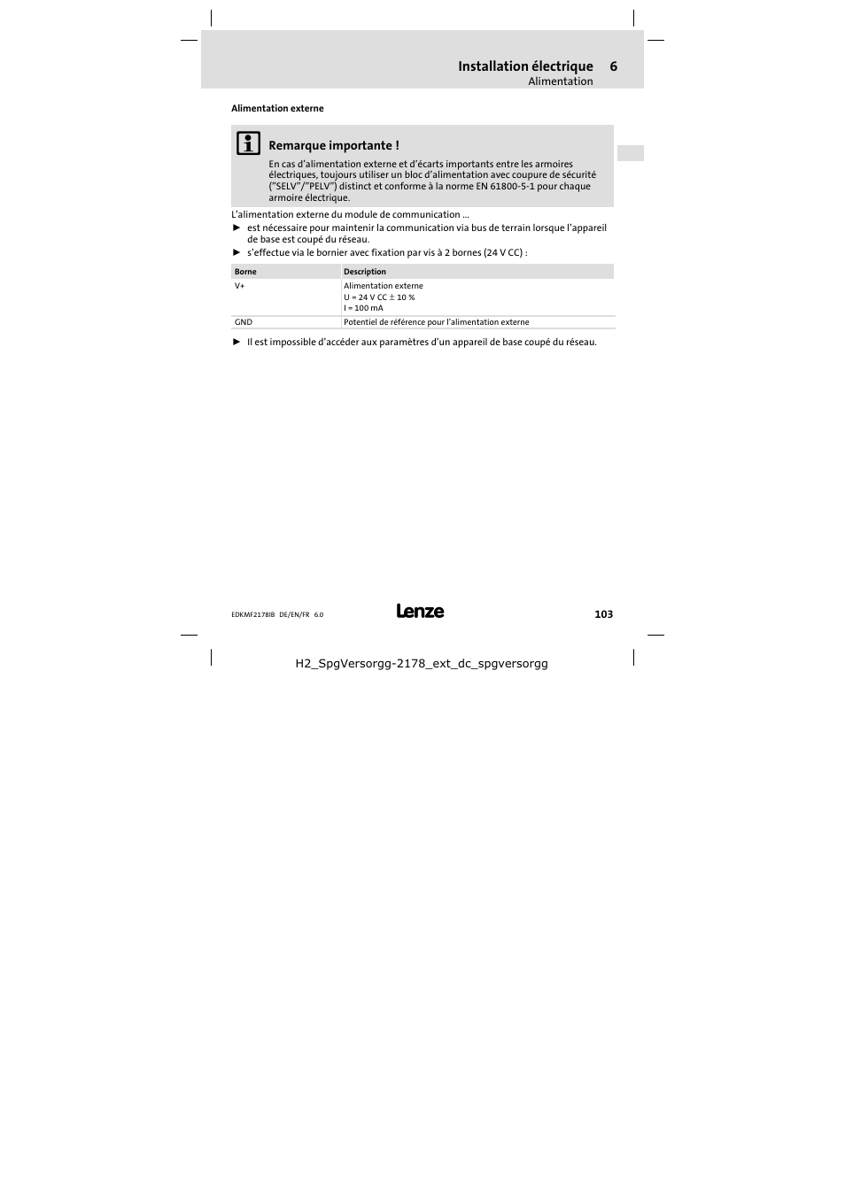 Mise en service, Installation électrique | Lenze EMF2178IB User Manual | Page 103 / 118