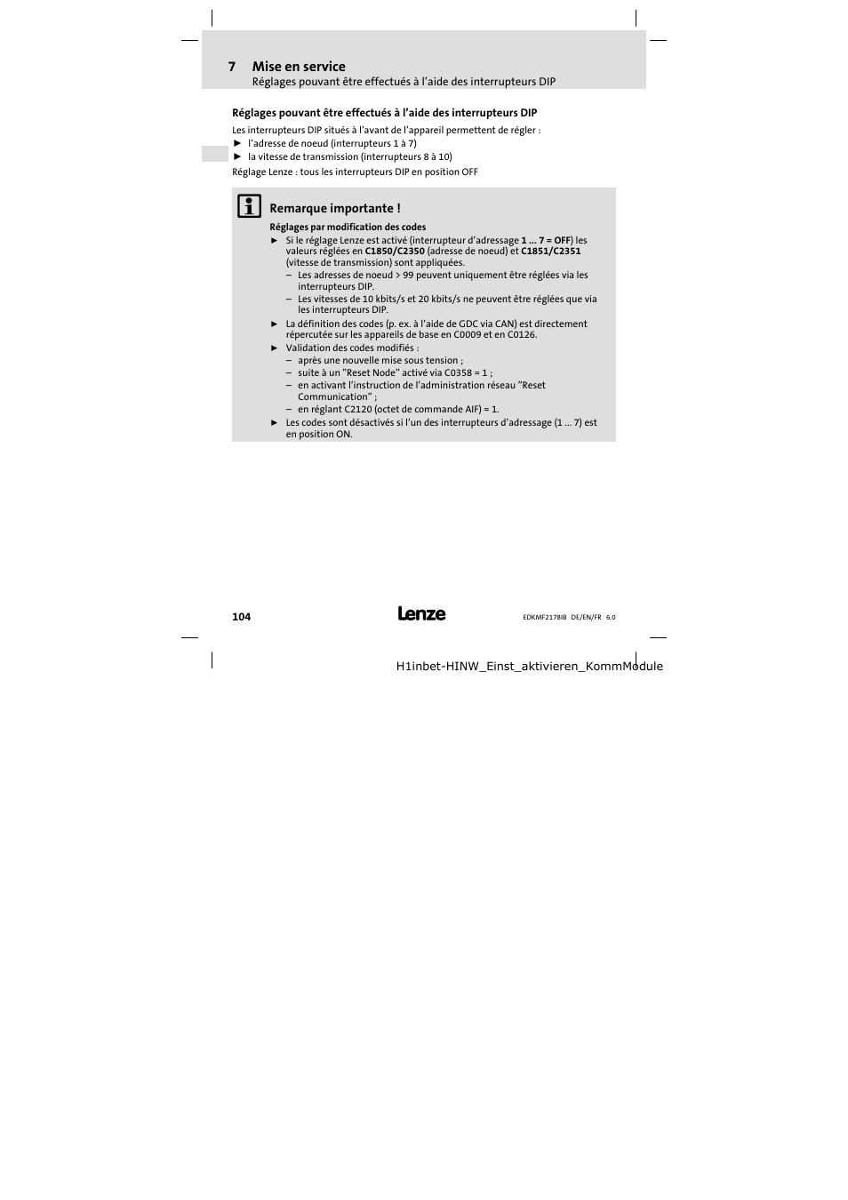 7 mise en service, 7mise en service | Lenze EMF2178IB User Manual | Page 104 / 118