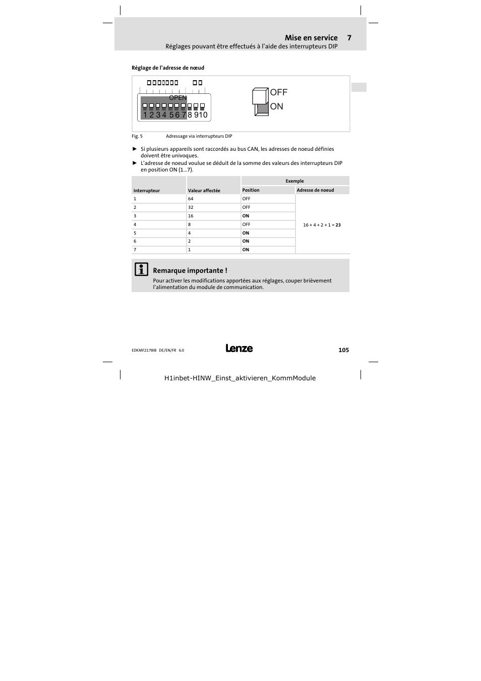 On off, Mise en service, Bd address | Lenze EMF2178IB User Manual | Page 105 / 118