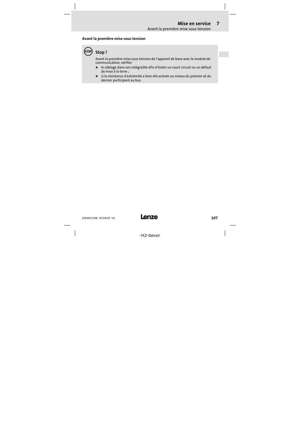 Avant la première mise sous tension, Première mise en service | Lenze EMF2178IB User Manual | Page 107 / 118
