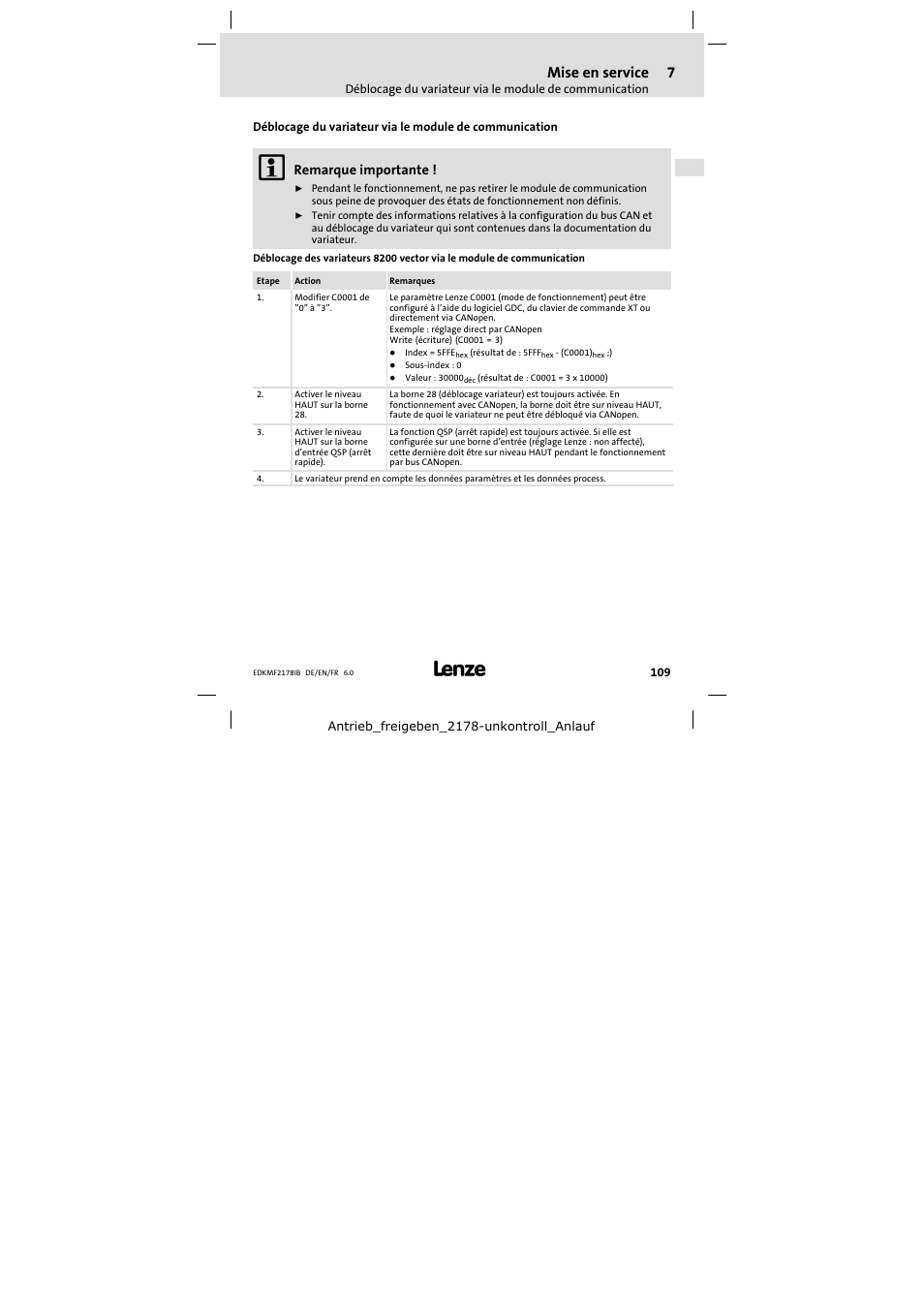 Mise en service, Remarque importante | Lenze EMF2178IB User Manual | Page 109 / 118