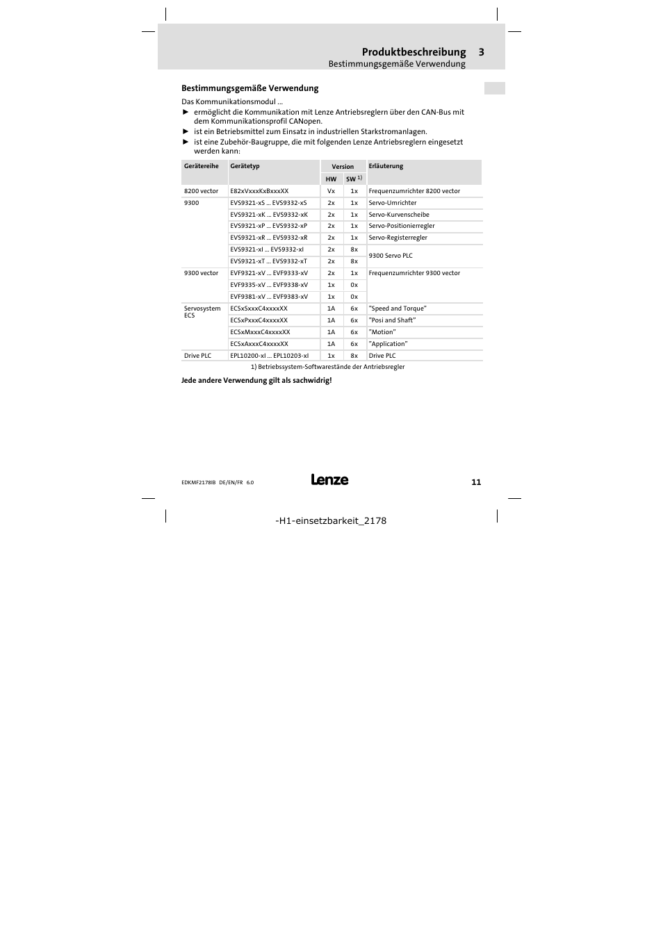 3 produktbeschreibung, Bestimmungsgemäße verwendung, Produktbeschreibung 11 | Produktbeschreibung | Lenze EMF2178IB User Manual | Page 11 / 118