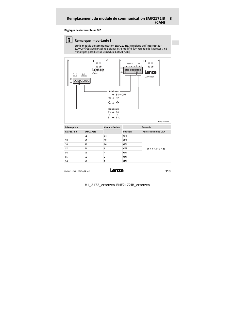 Remarque importante | Lenze EMF2178IB User Manual | Page 113 / 118