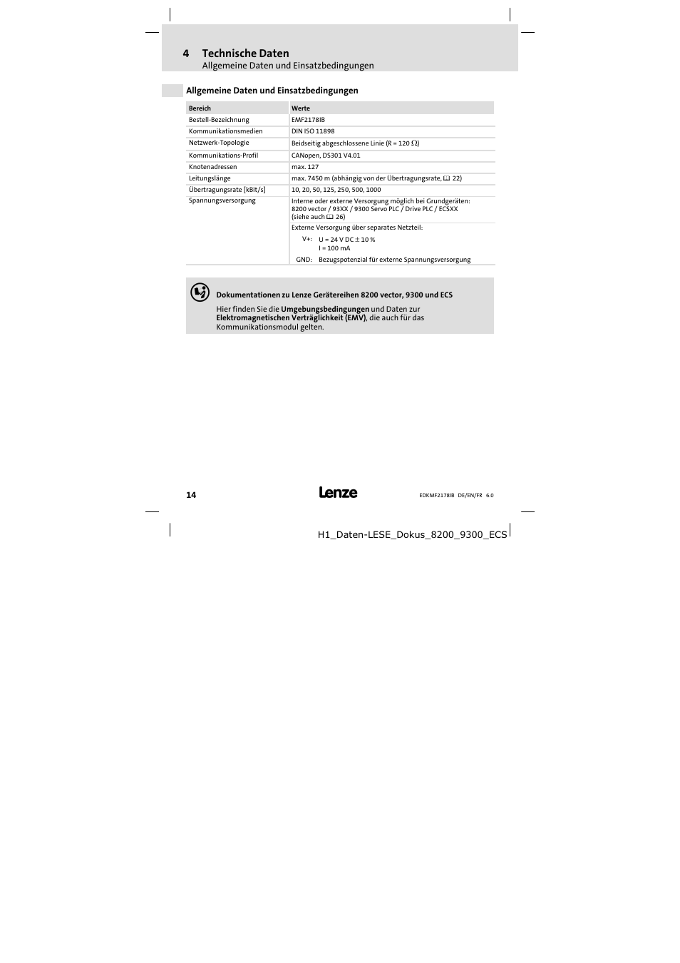4 technische daten, Allgemeine daten und einsatzbedingungen, Technische daten | 4technische daten | Lenze EMF2178IB User Manual | Page 14 / 118