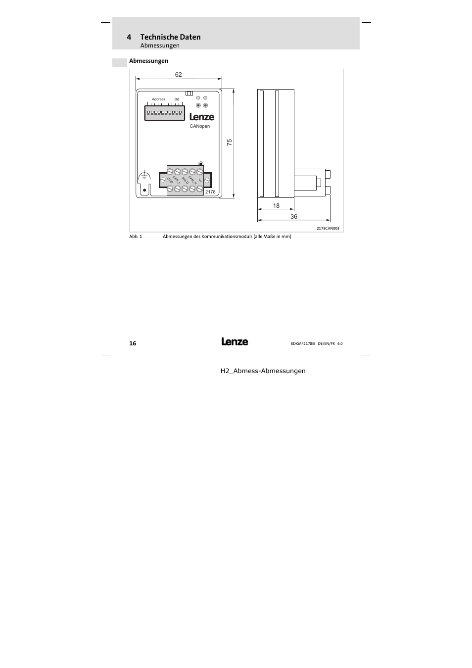 Abmessungen, 4technische daten | Lenze EMF2178IB User Manual | Page 16 / 118