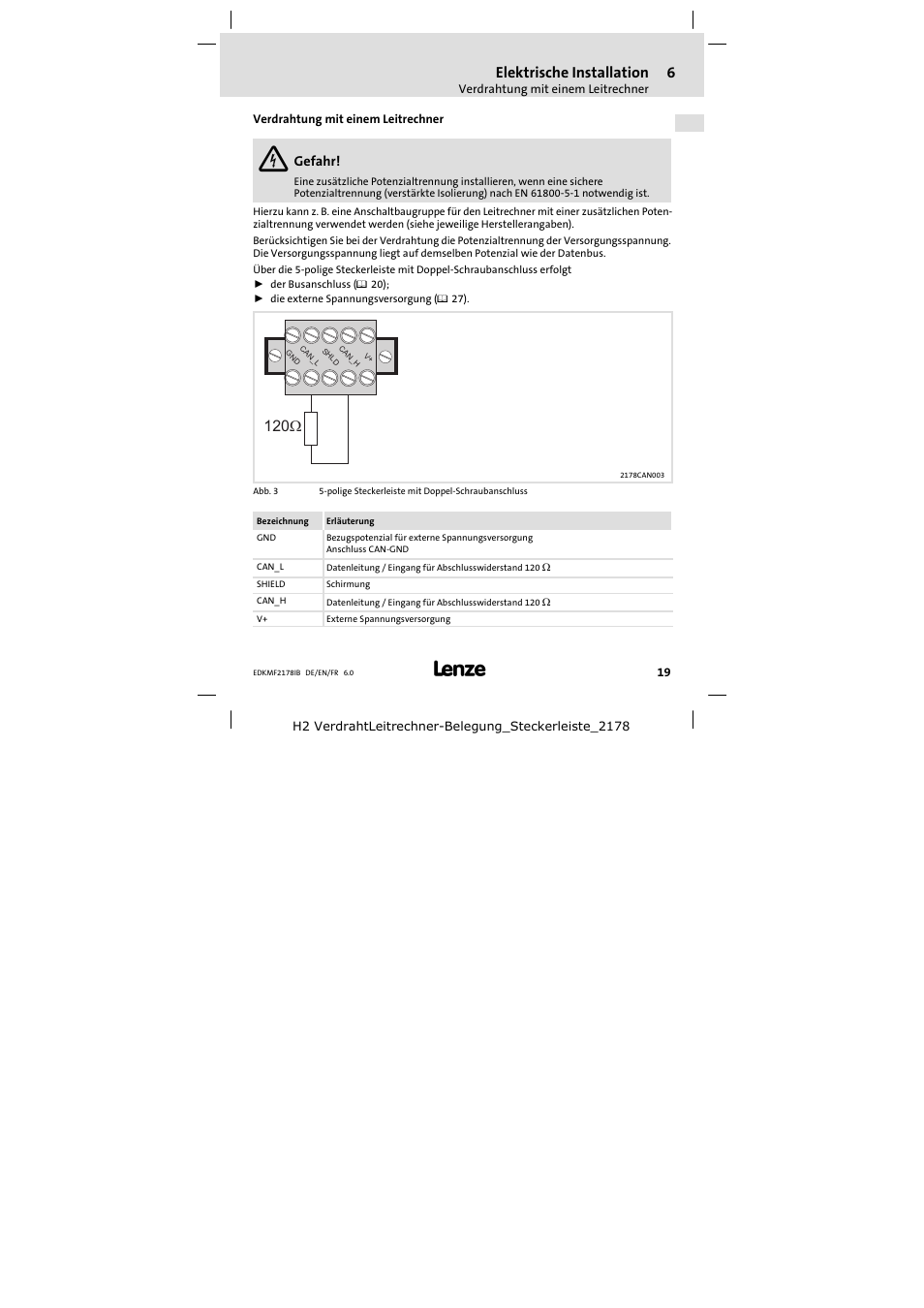 Verdrahtung mit einem leitrechner, Elektrische installation, 120w | Lenze EMF2178IB User Manual | Page 19 / 118