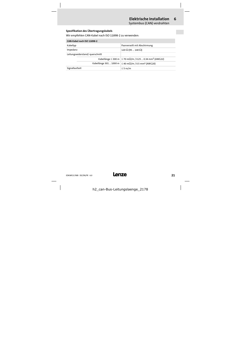 Spezifikation des übertragungskabels, Elektrische installation | Lenze EMF2178IB User Manual | Page 21 / 118