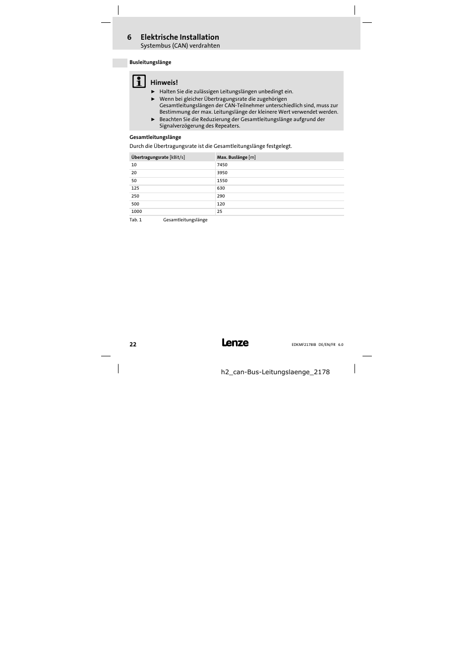 Busleitungslänge, 6elektrische installation | Lenze EMF2178IB User Manual | Page 22 / 118