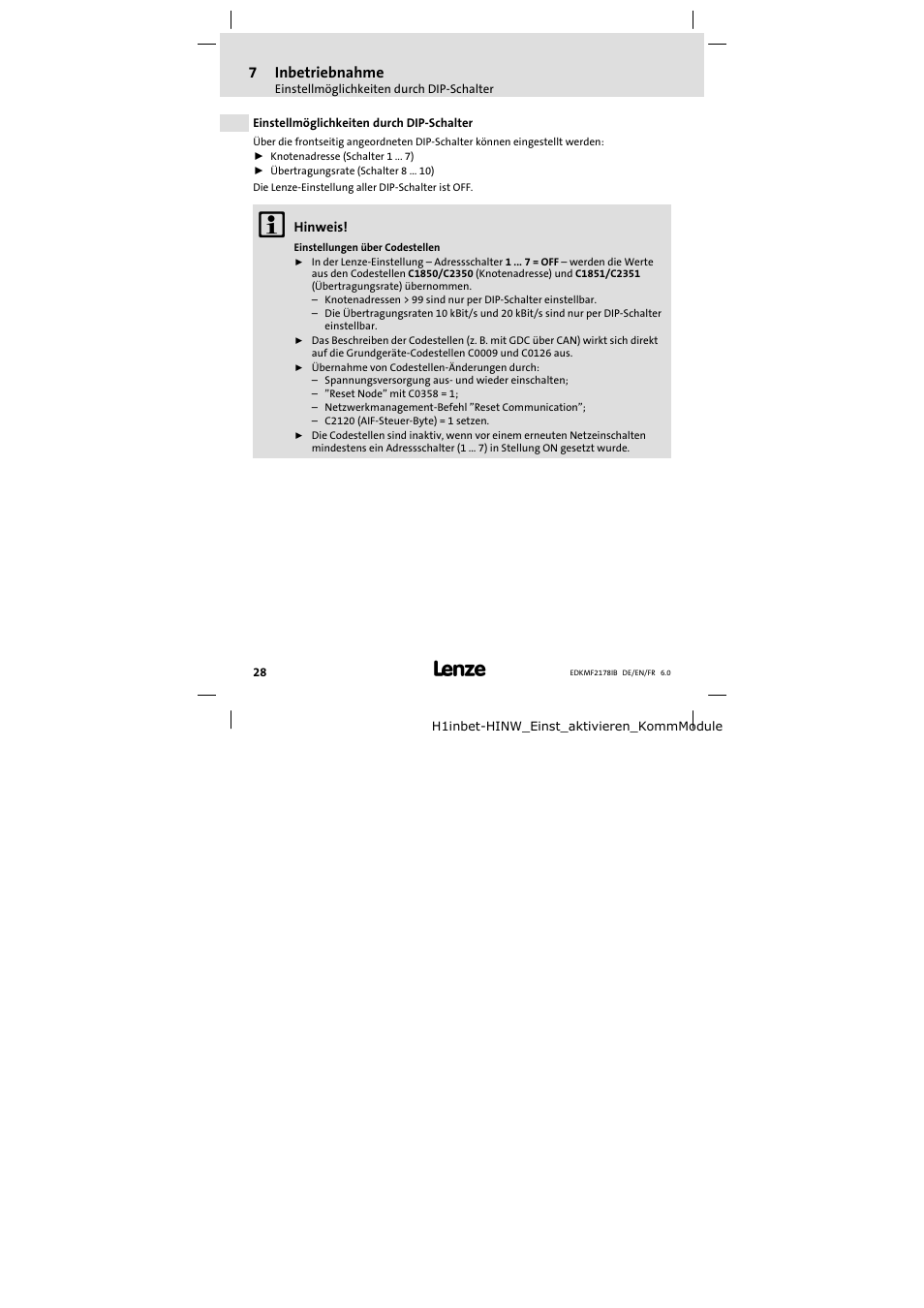 7 inbetriebnahme, Einstellmöglichkeiten durch dip-schalter, Inbetriebnahme | Einstellmöglichkeiten durch dip−schalter, 7inbetriebnahme | Lenze EMF2178IB User Manual | Page 28 / 118