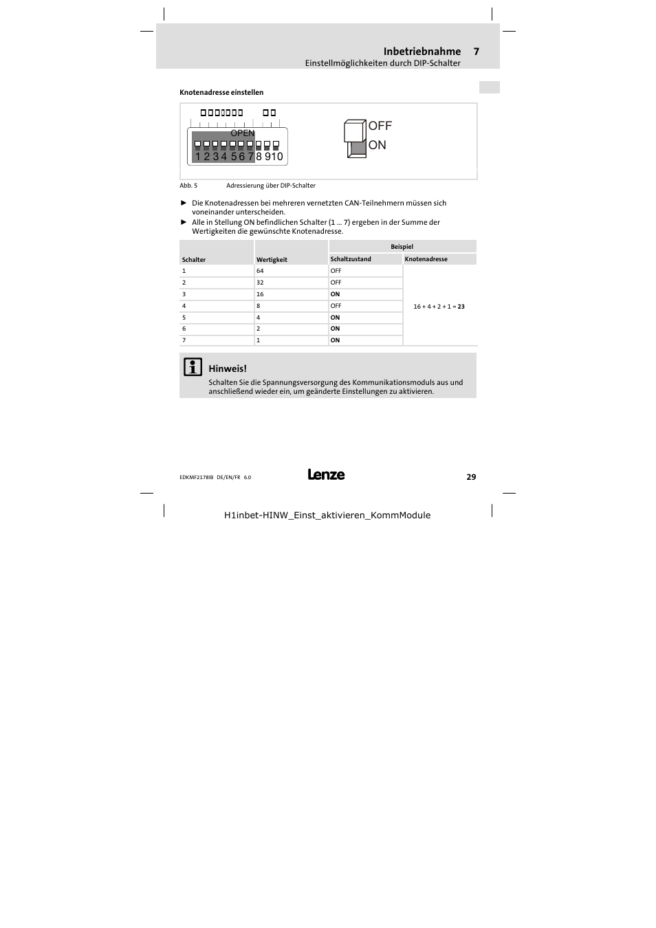 On off, Inbetriebnahme, Bd address | Lenze EMF2178IB User Manual | Page 29 / 118