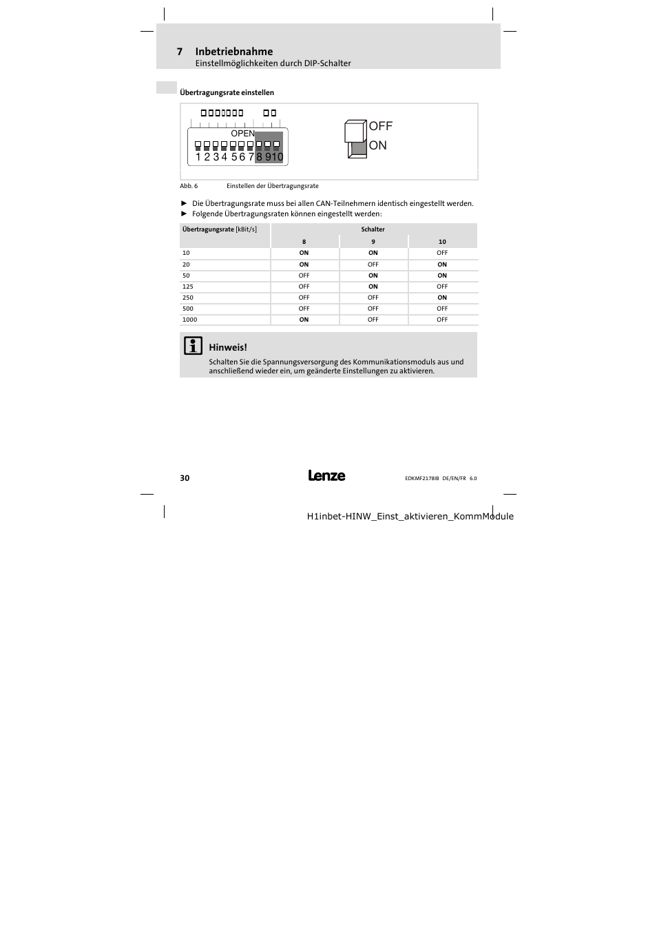 On off, 7inbetriebnahme, Bd address | Lenze EMF2178IB User Manual | Page 30 / 118