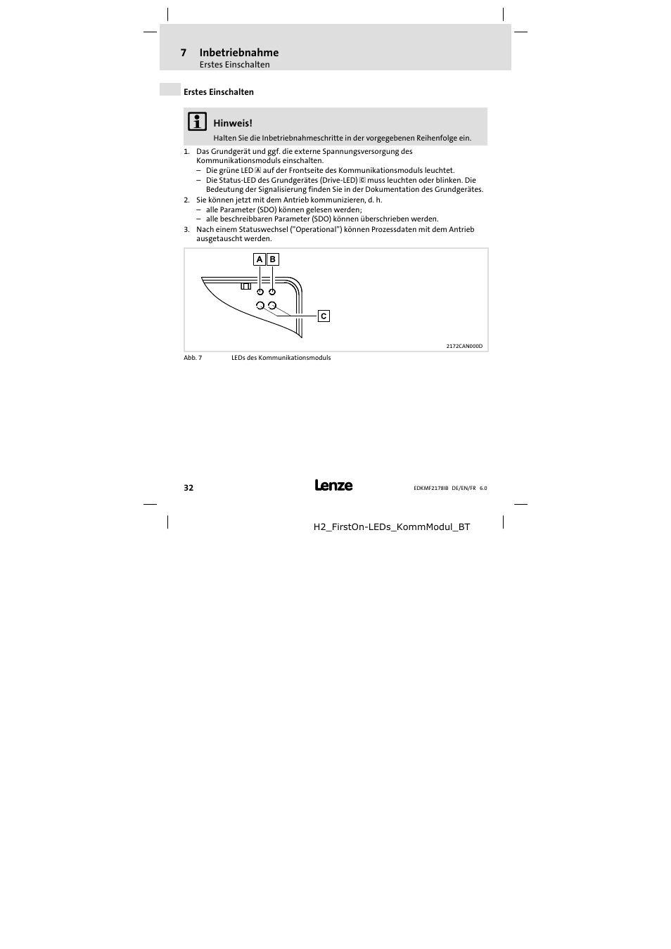 Erstes einschalten, 7inbetriebnahme | Lenze EMF2178IB User Manual | Page 32 / 118
