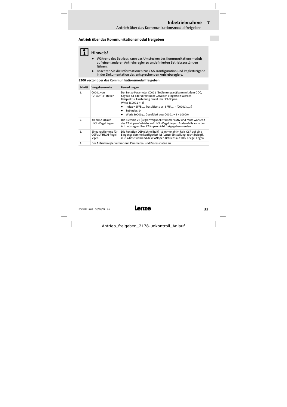 Antrieb über das kommunikationsmodul freigeben, Inbetriebnahme, Hinweis | Lenze EMF2178IB User Manual | Page 33 / 118