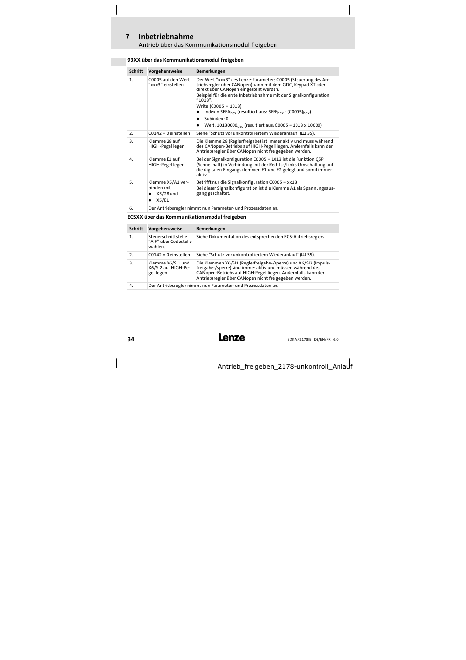 7inbetriebnahme | Lenze EMF2178IB User Manual | Page 34 / 118