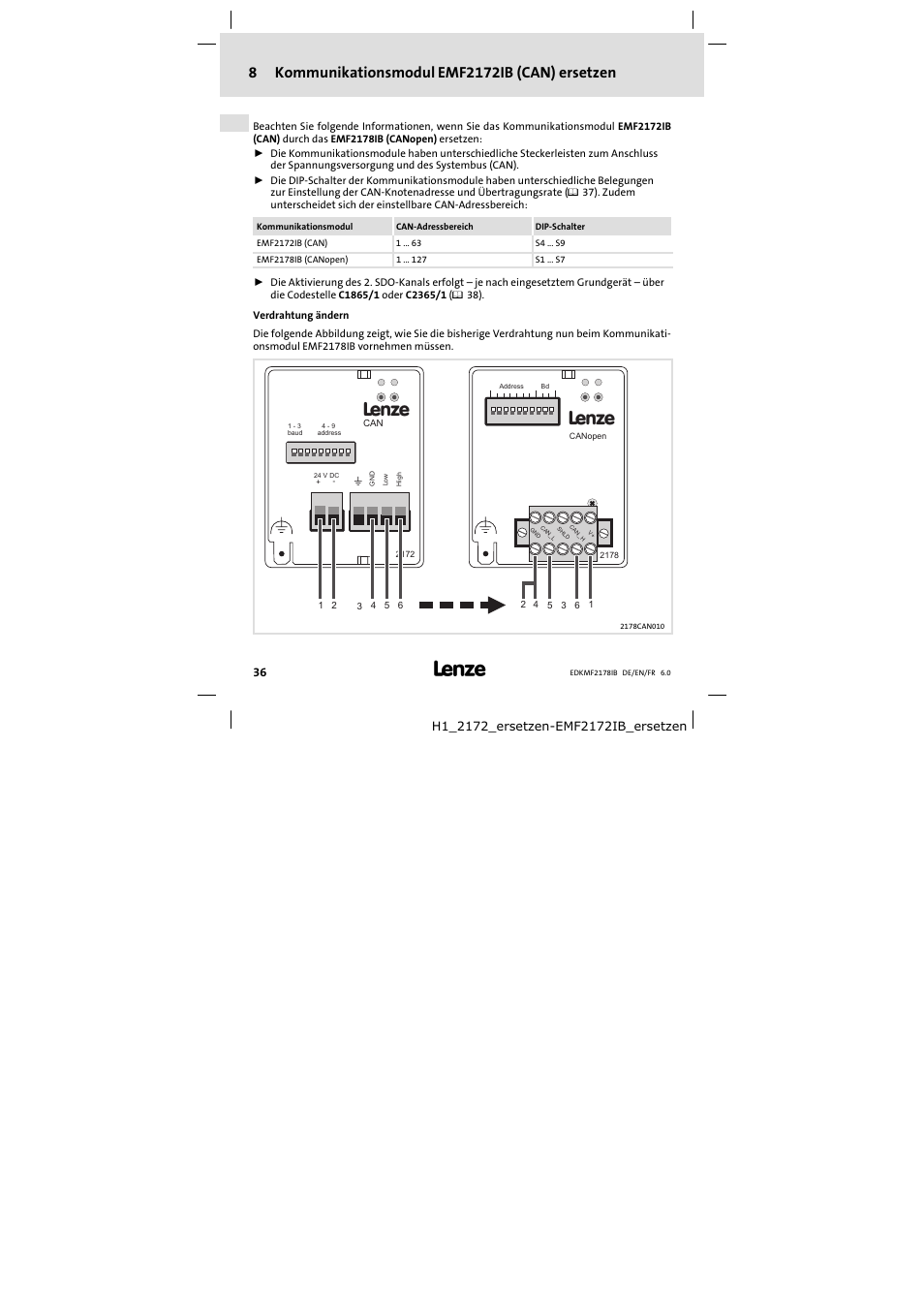 8 kommunikationsmodul emf2172ib (can) ersetzen, Kommunikationsmodul emf2172ib (can) ersetzen | Lenze EMF2178IB User Manual | Page 36 / 118