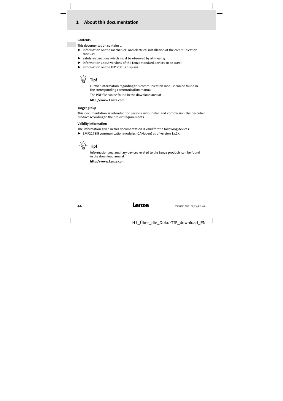 1 about this documentation, About this documentation | Lenze EMF2178IB User Manual | Page 44 / 118