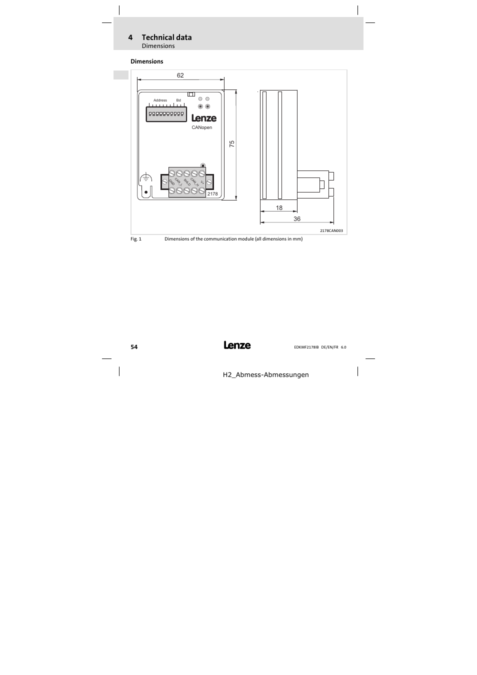 Dimensions, 4technical data | Lenze EMF2178IB User Manual | Page 54 / 118