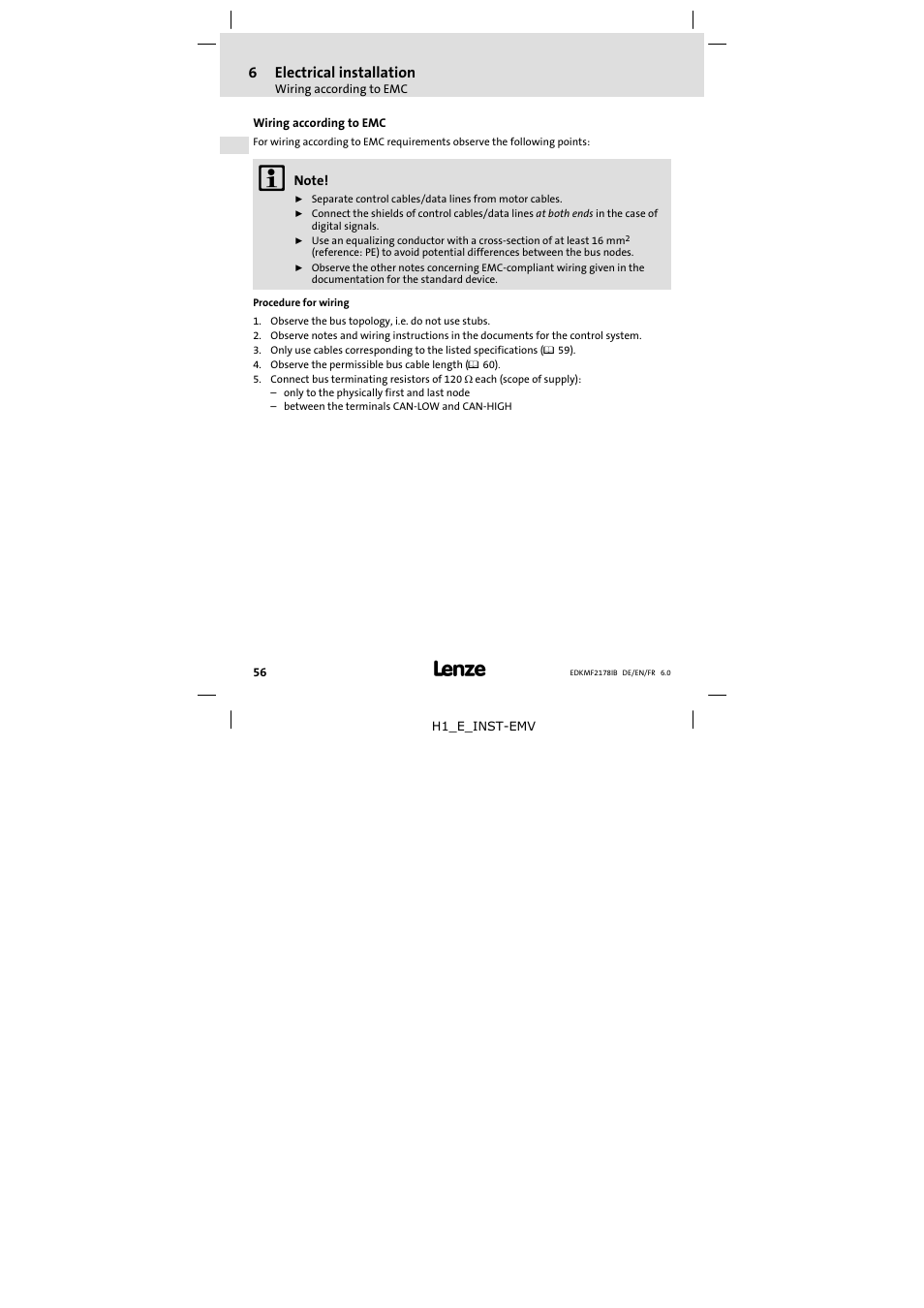 6 electrical installation, Wiring according to emc, Electrical installation | 6electrical installation | Lenze EMF2178IB User Manual | Page 56 / 118