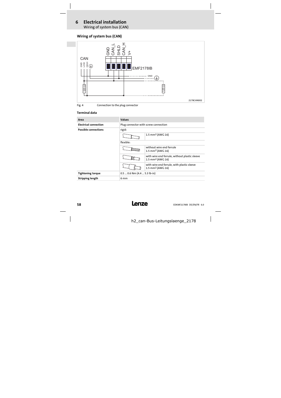 Wiring of system bus (can), 6electrical installation | Lenze EMF2178IB User Manual | Page 58 / 118