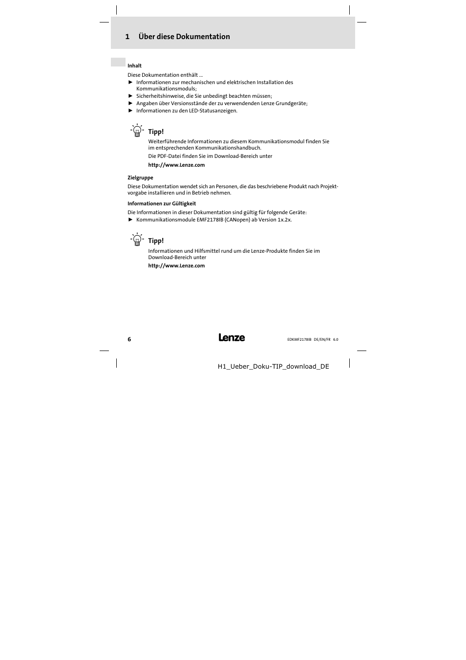 1 über diese dokumentation, Über diese dokumentation | Lenze EMF2178IB User Manual | Page 6 / 118