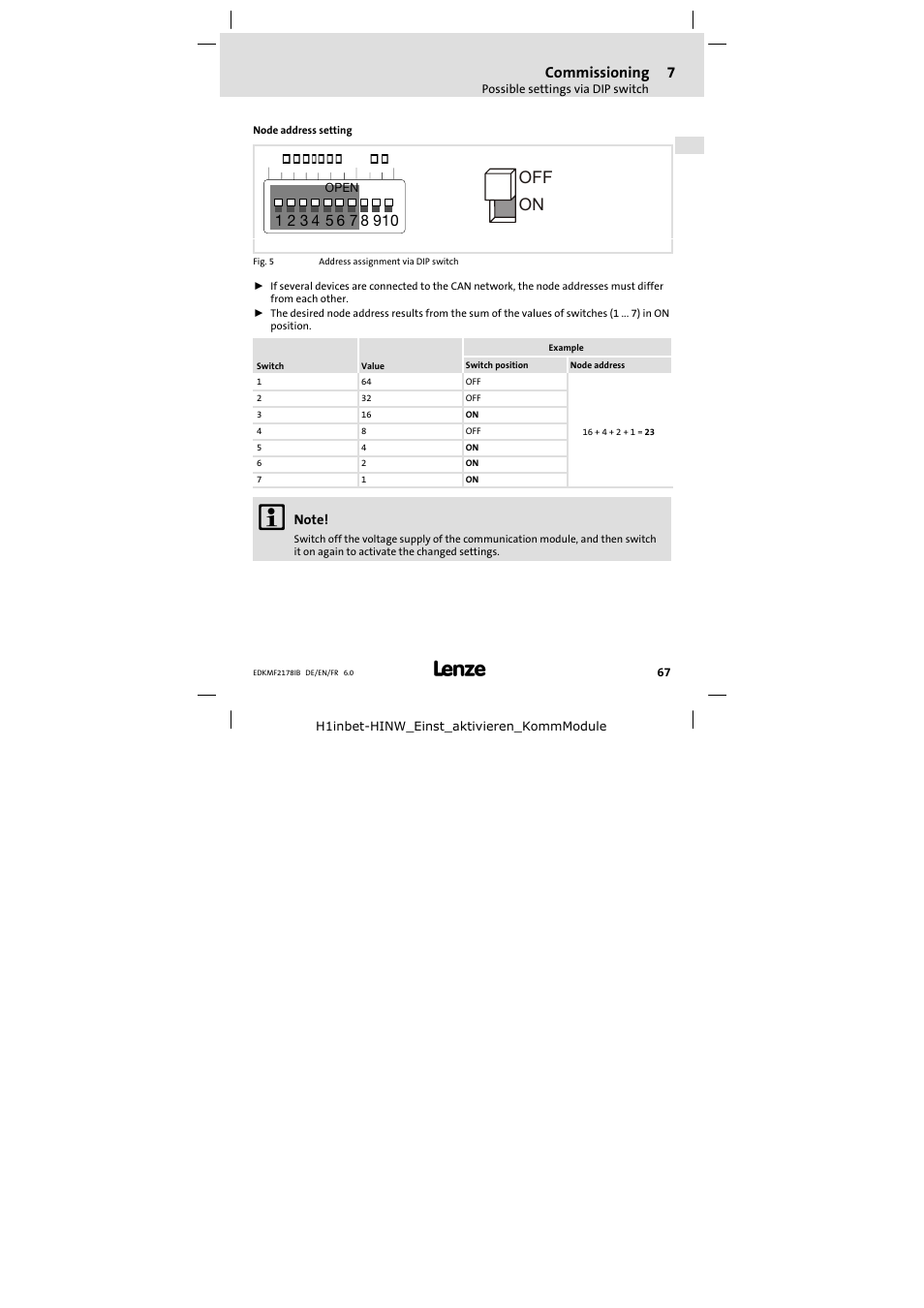 On off, Commissioning, Bd address | Lenze EMF2178IB User Manual | Page 67 / 118
