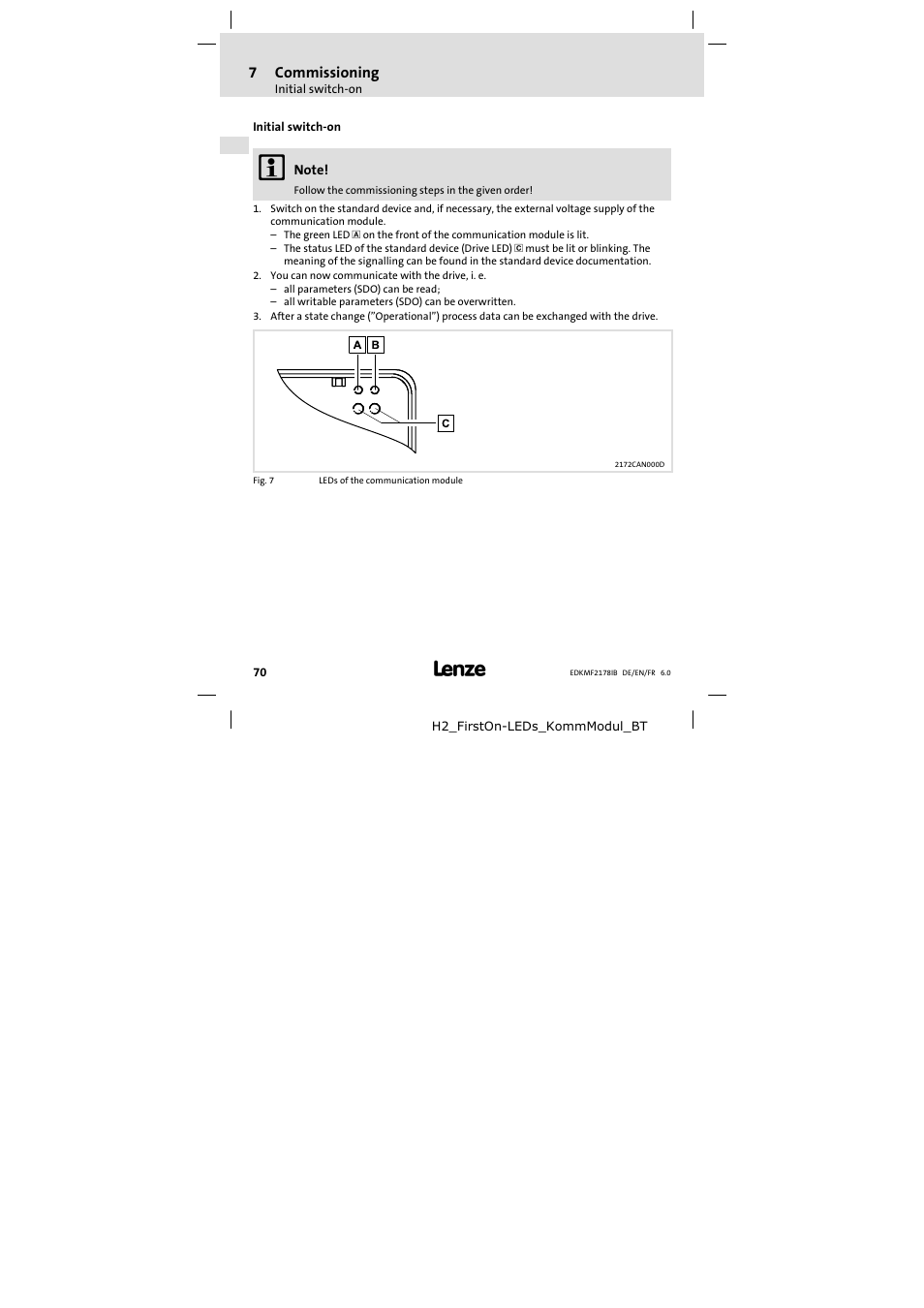 Initial switch-on, Initial switch−on, 7commissioning | Lenze EMF2178IB User Manual | Page 70 / 118
