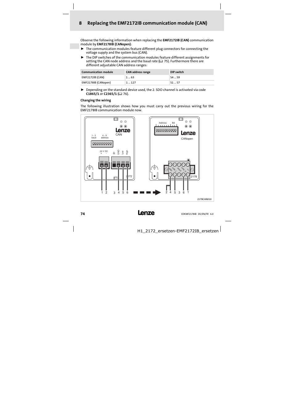 Replacing the emf2172ib communication module (can) | Lenze EMF2178IB User Manual | Page 74 / 118