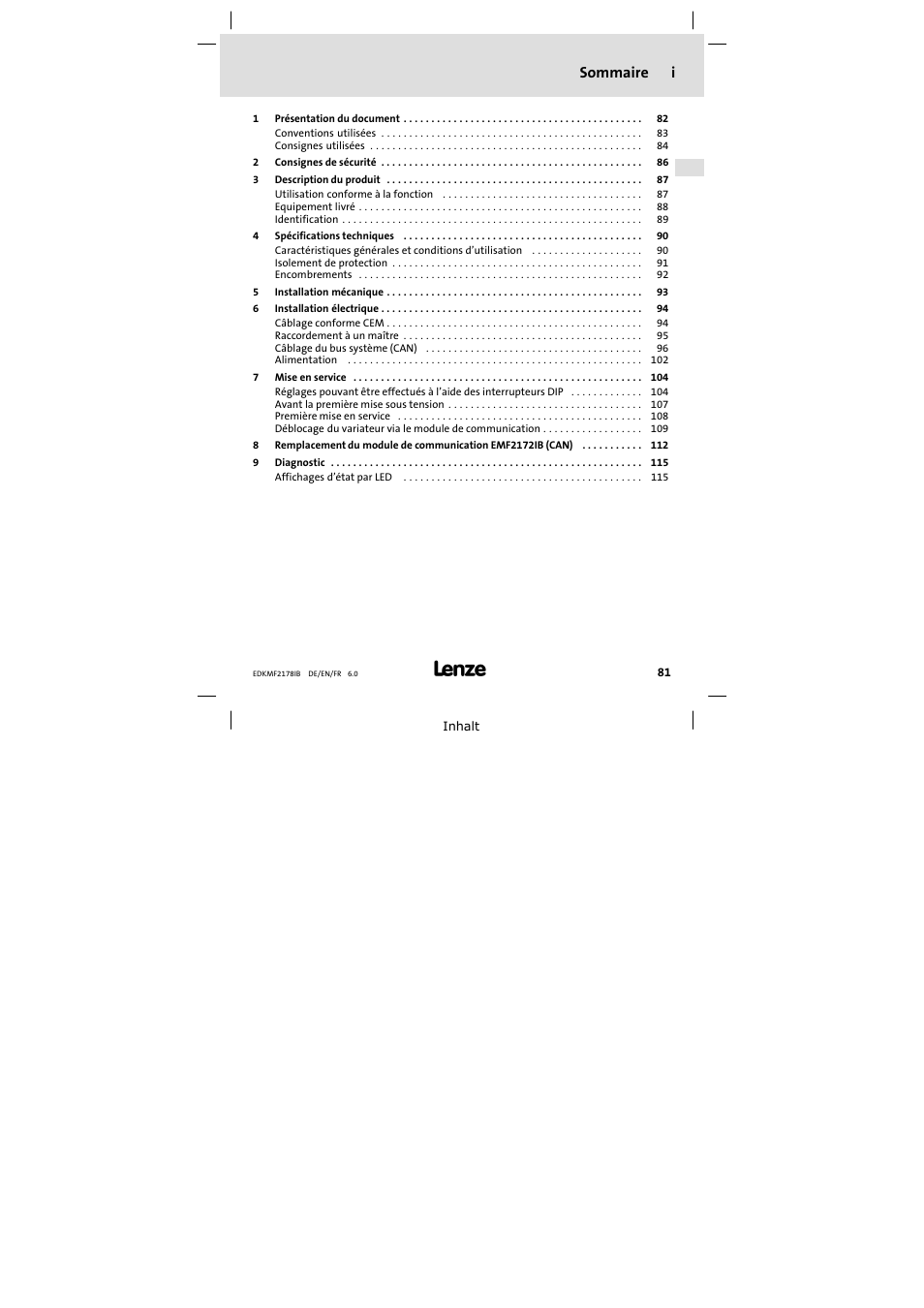 Sommaire, Sommaire i | Lenze EMF2178IB User Manual | Page 81 / 118