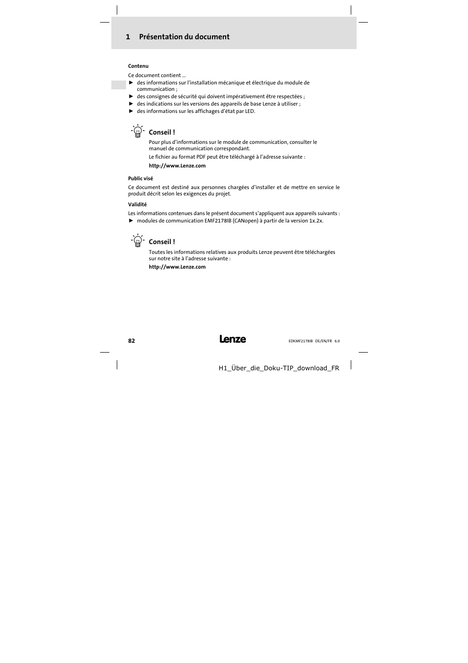 1 présentation du document, Conventions utilisées | Lenze EMF2178IB User Manual | Page 82 / 118