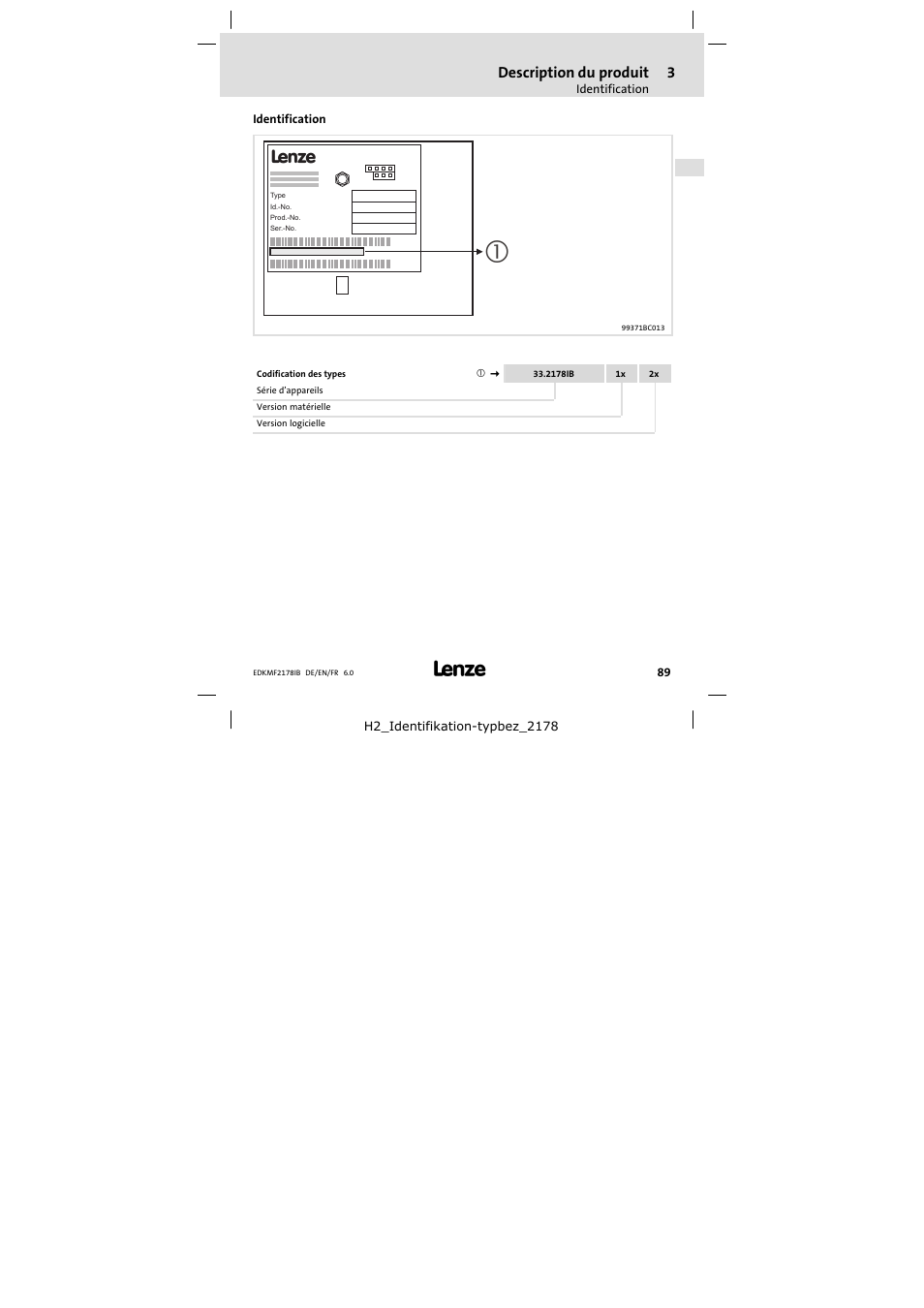 Identification, Spécifications techniques, Description du produit | Lenze EMF2178IB User Manual | Page 89 / 118