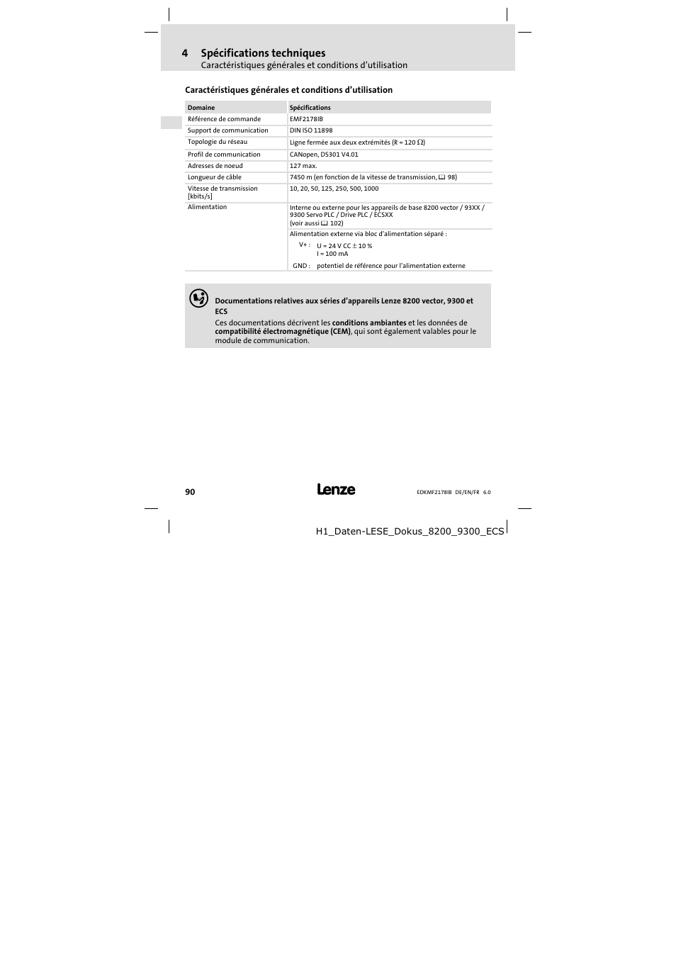 4 spécifications techniques, Isolement de protection, 4spécifications techniques | Lenze EMF2178IB User Manual | Page 90 / 118