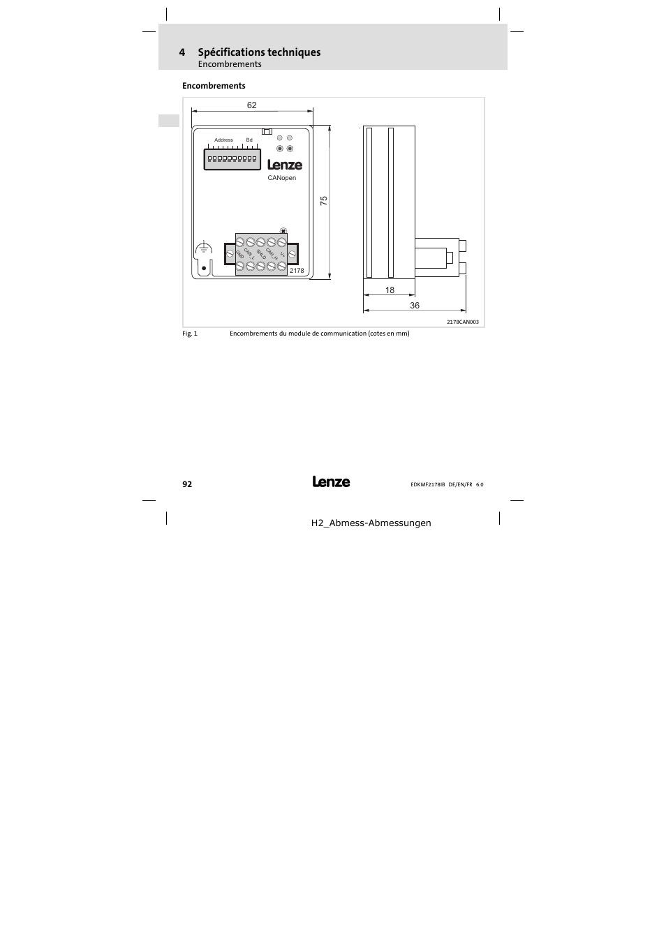 Encombrements, Installation mécanique, 4spécifications techniques | Lenze EMF2178IB User Manual | Page 92 / 118