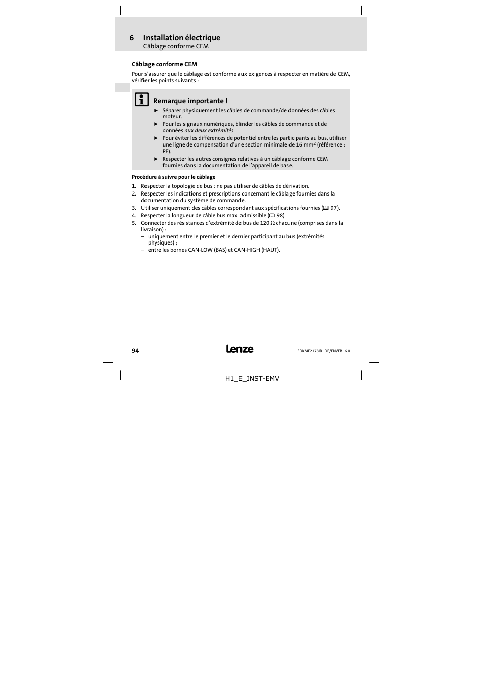 6 installation électrique, Câblage conforme cem, Raccordement à un maître | 6installation électrique | Lenze EMF2178IB User Manual | Page 94 / 118
