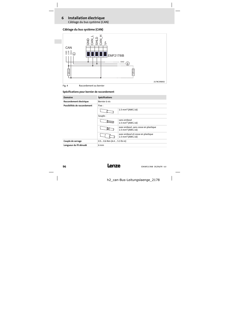 Câblage du bus système (can), 6installation électrique | Lenze EMF2178IB User Manual | Page 96 / 118