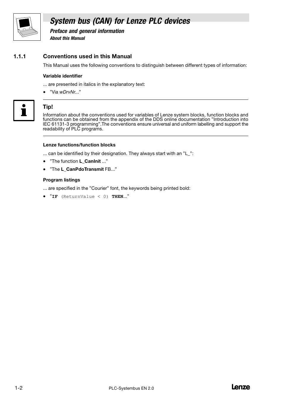 1 conventions used in this manual, Conventions used in this manual, System bus (can) for lenze plc devices | Lenze DDS System bus CAN for PLC User Manual | Page 10 / 178