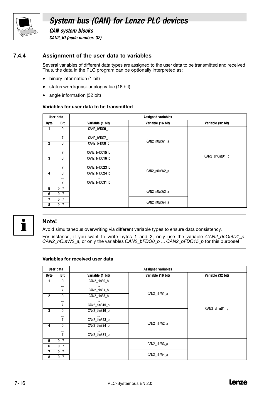 4 assignment of the user data to variables, Assignment of the user data to variables, System bus (can) for lenze plc devices | Can system blocks | Lenze DDS System bus CAN for PLC User Manual | Page 104 / 178