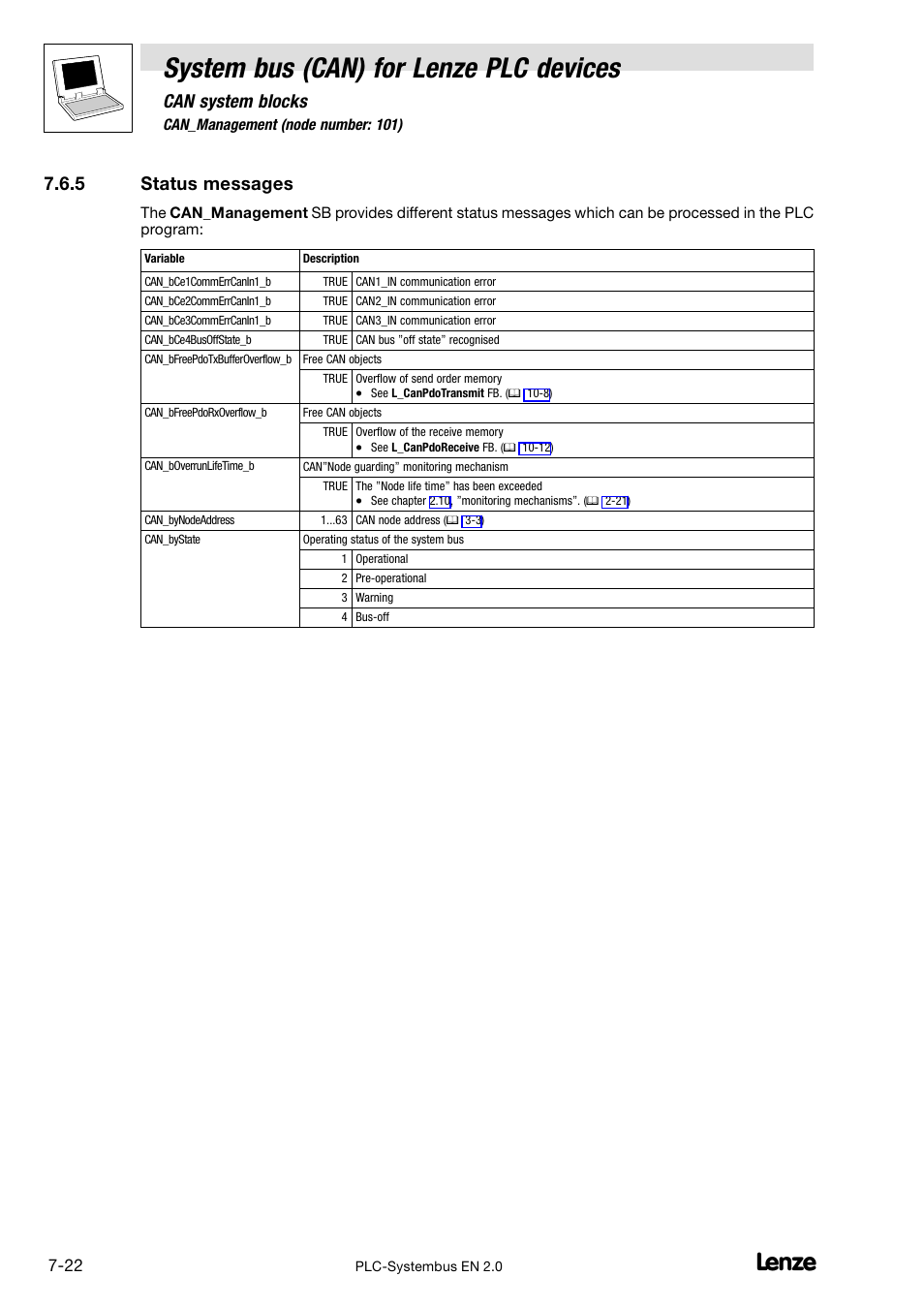 5 status messages, Status messages, System bus (can) for lenze plc devices | Can system blocks | Lenze DDS System bus CAN for PLC User Manual | Page 110 / 178