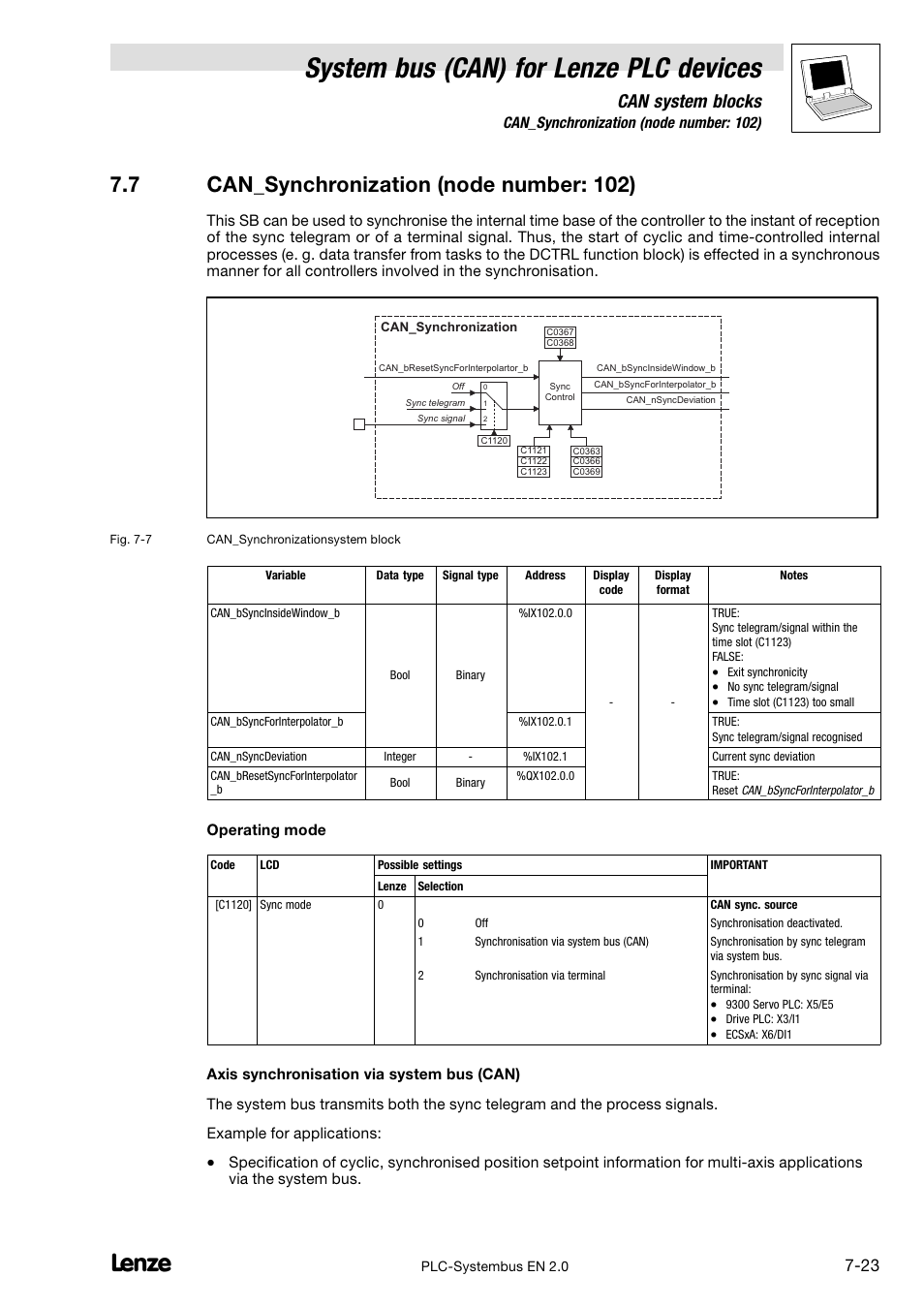 7 can_synchronization (node number: 102), Can_synchronization (node number: 102), System bus (can) for lenze plc devices | Can system blocks, Operating mode | Lenze DDS System bus CAN for PLC User Manual | Page 111 / 178