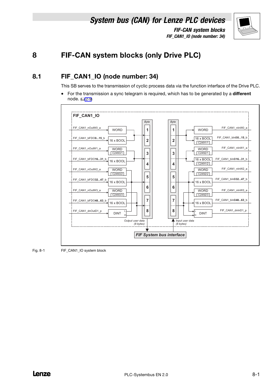 8 fif-can system blocks (only drive plc), 1 fif_can1_io (node number: 34), 8 fif−can system blocks (only drive plc) | Fif_can1_io (node number: 34), Pter 8.1, System bus (can) for lenze plc devices, 8fif−can system blocks (only drive plc), Fif−can system blocks | Lenze DDS System bus CAN for PLC User Manual | Page 117 / 178